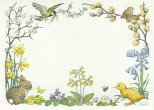 Border design with rabbit, duckling and birds 