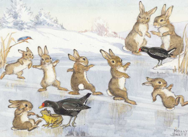 Rabbits sliding on ice 