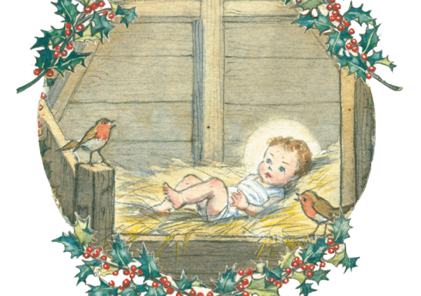 Two Robins Look Over the Baby Jesus 